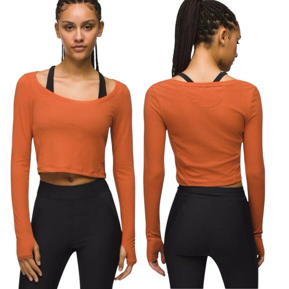 prAna Send Off Long Sleeve Ribbed Cropped Shirt Small Terracotta Thumbholes EUC - Picture 1 of 12